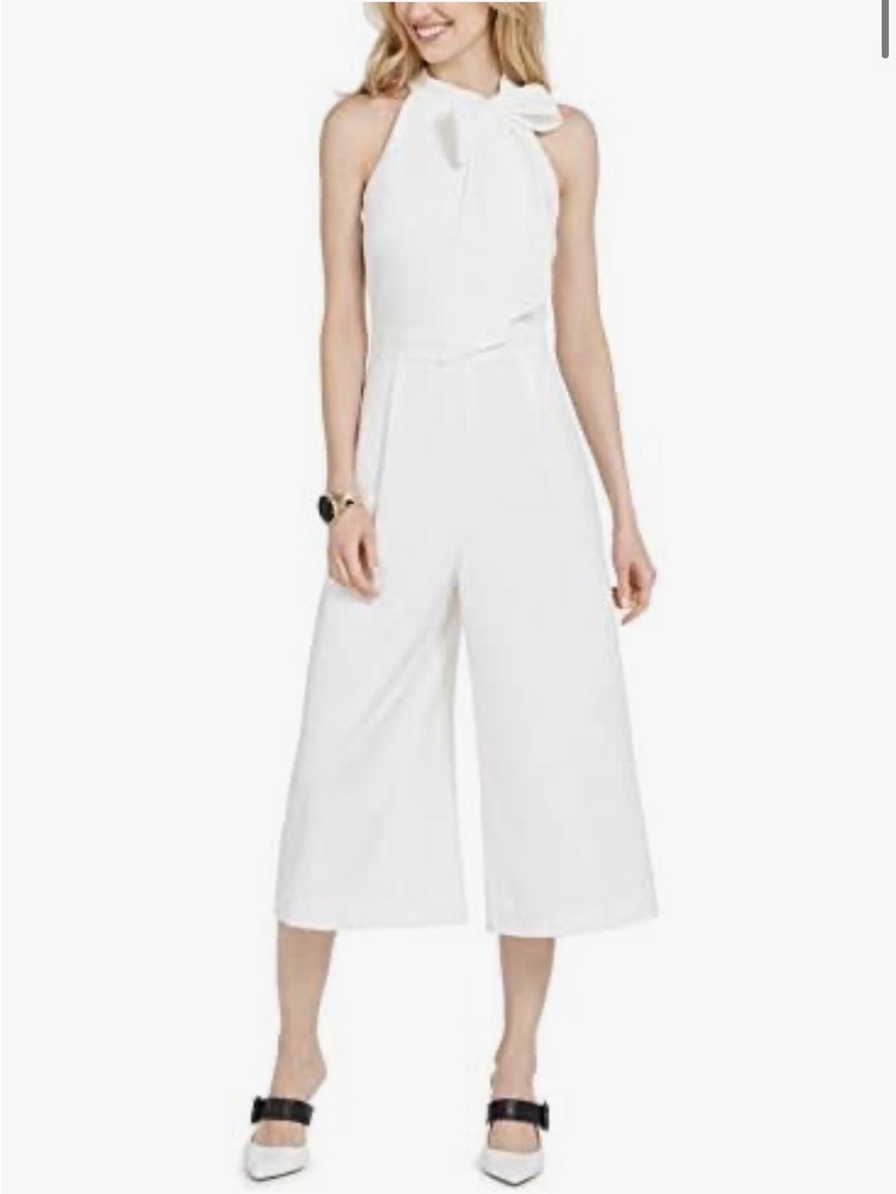 Vince Camuto White Halter Tie-Neck Cropped Wide-Leg Jumpsuit